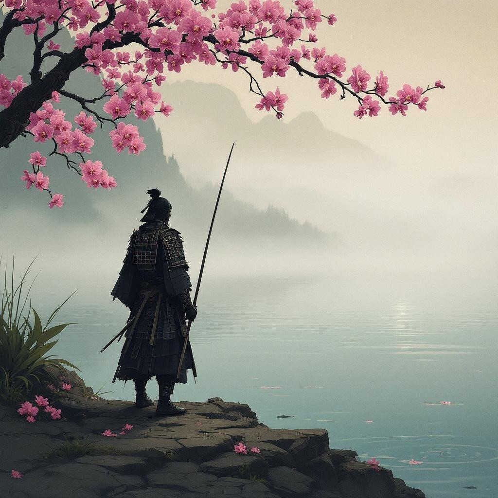 Samurai on Shoreline with Misty Lake and Cherry Blossoms