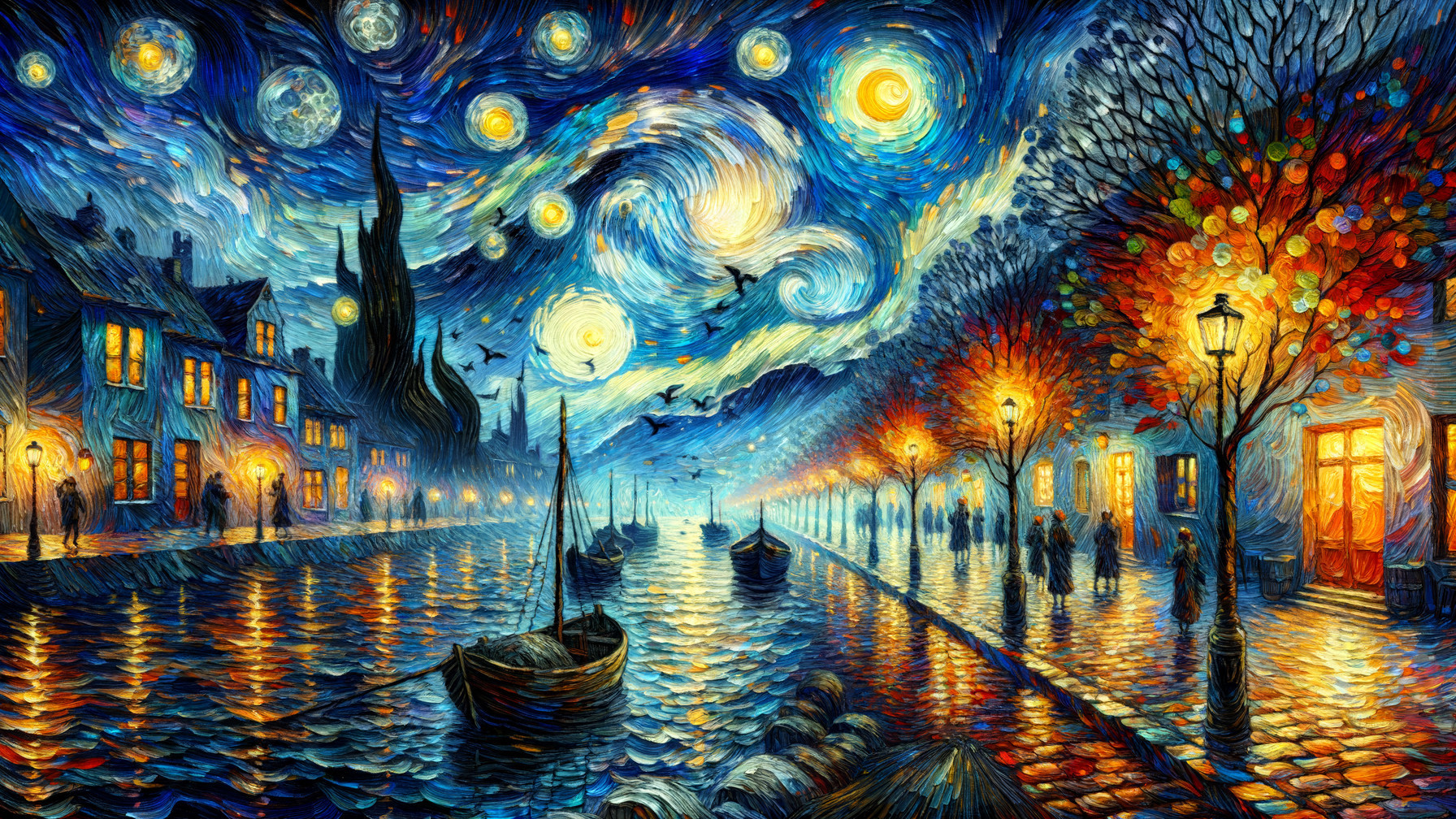 Nighttime Canal Scene with Stars and Luminous Moon