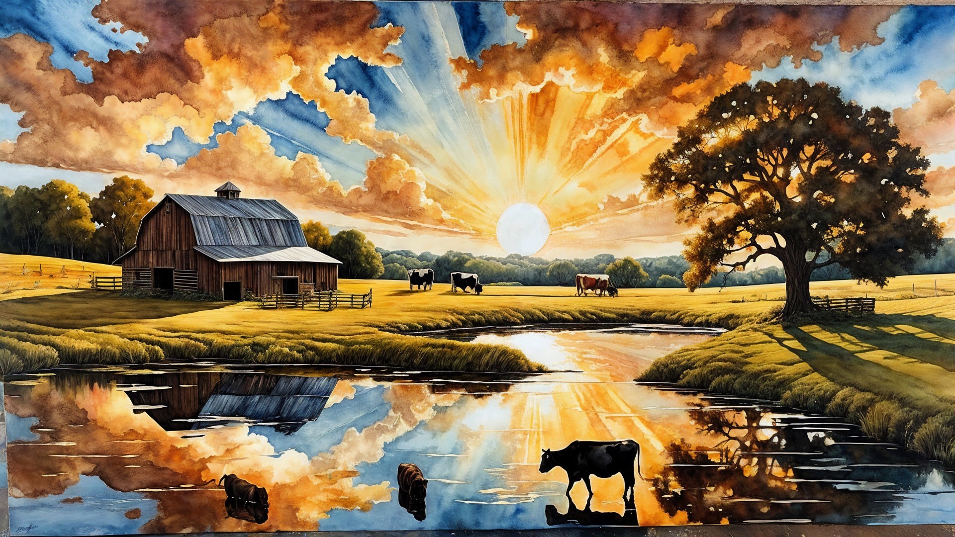 Countryside Scene with Barn, Cows, and Sunset Sky