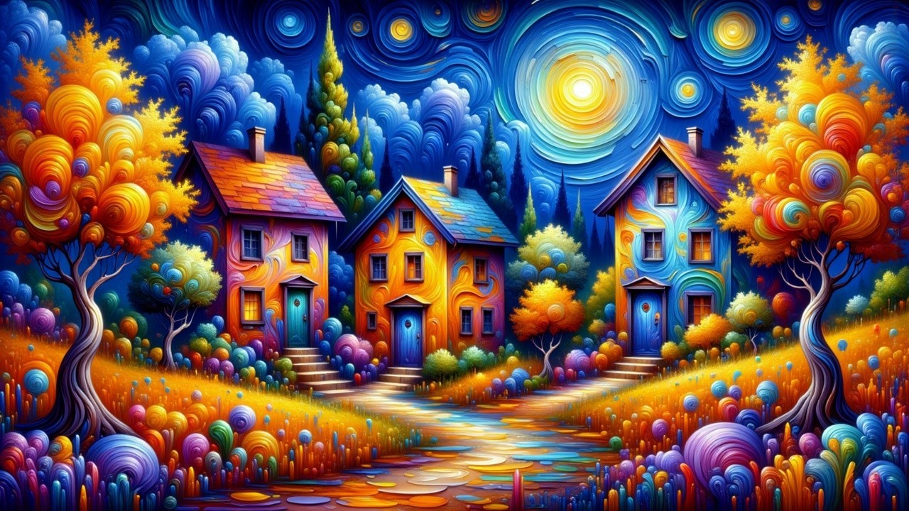 Surreal Landscape with Colorful Houses and Vibrant Sky