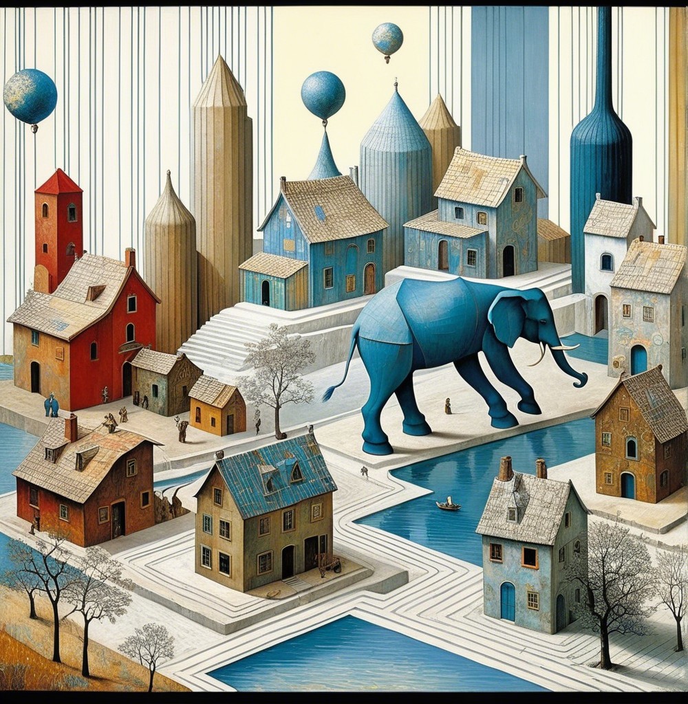 Surreal Landscape with Colorful Houses and Elephant