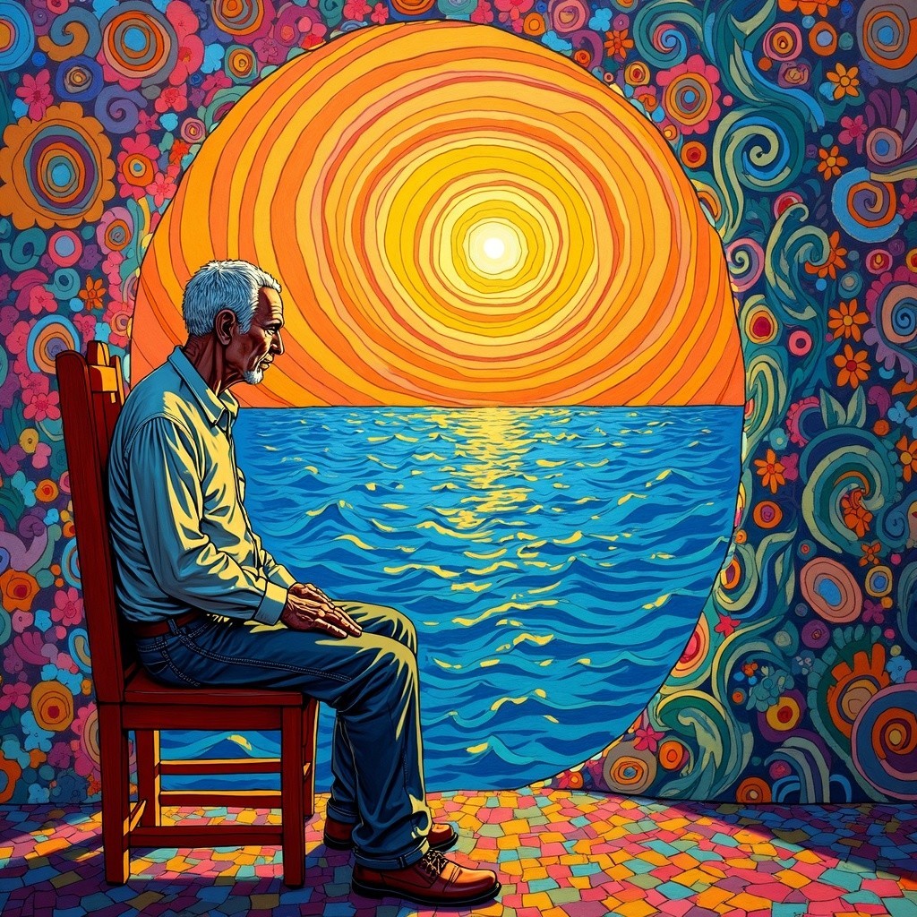 Elderly Man Reflecting by Colorful Ocean Mural