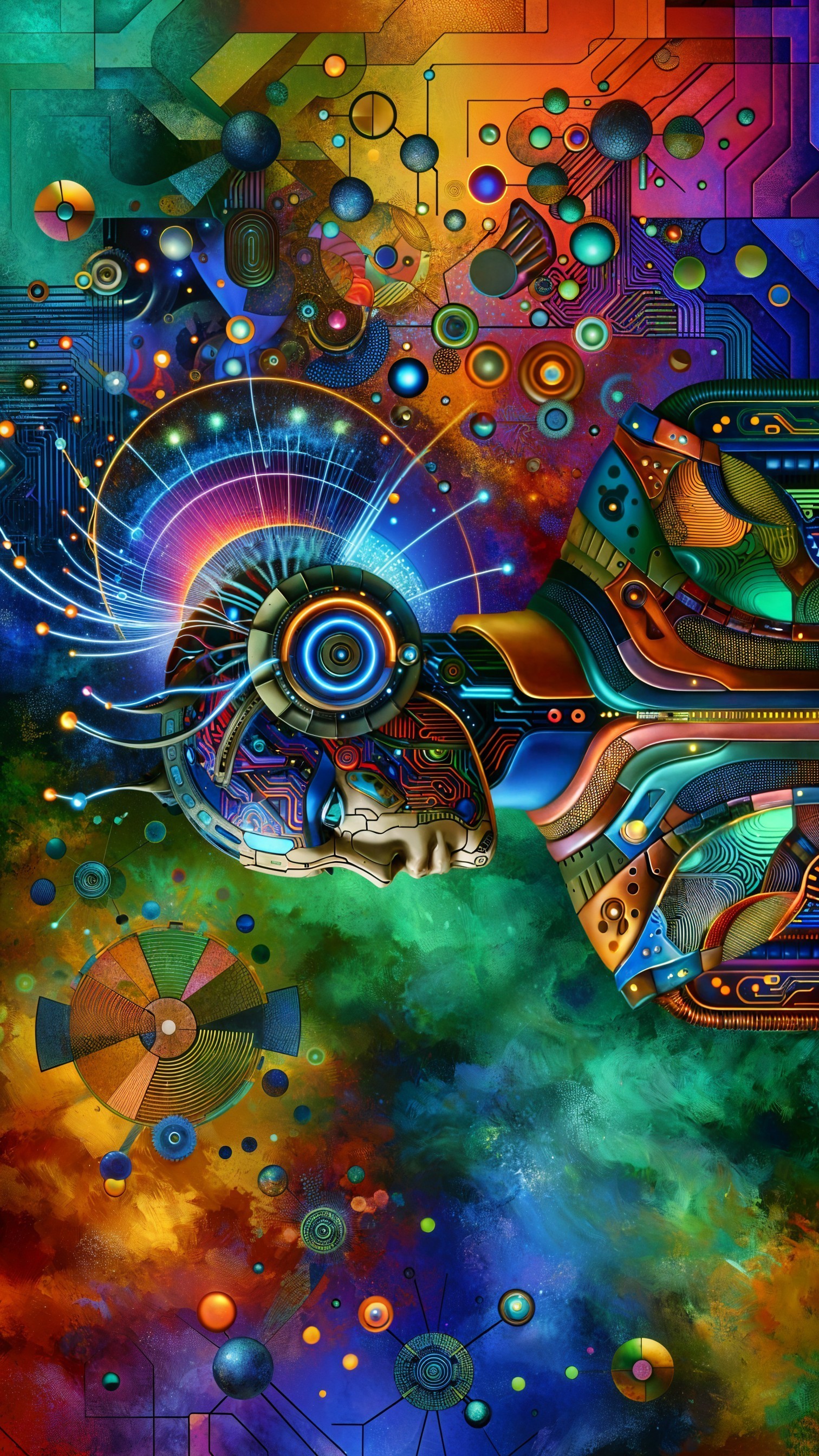 Surreal Illustration of Mechanical Lion with Cosmic Elements