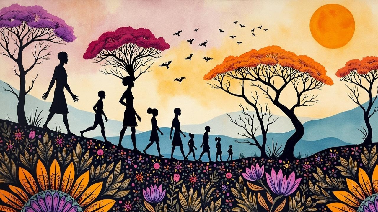 Colorful Landscape with Silhouetted Figures and Trees