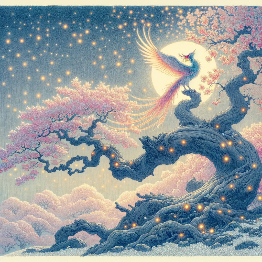 Vibrant phoenix above ancient tree with cherry blossoms