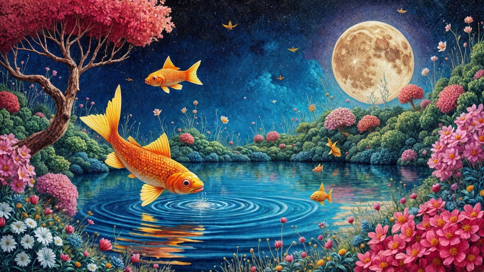 Tranquil Night Scene with Pond and Colorful Flora