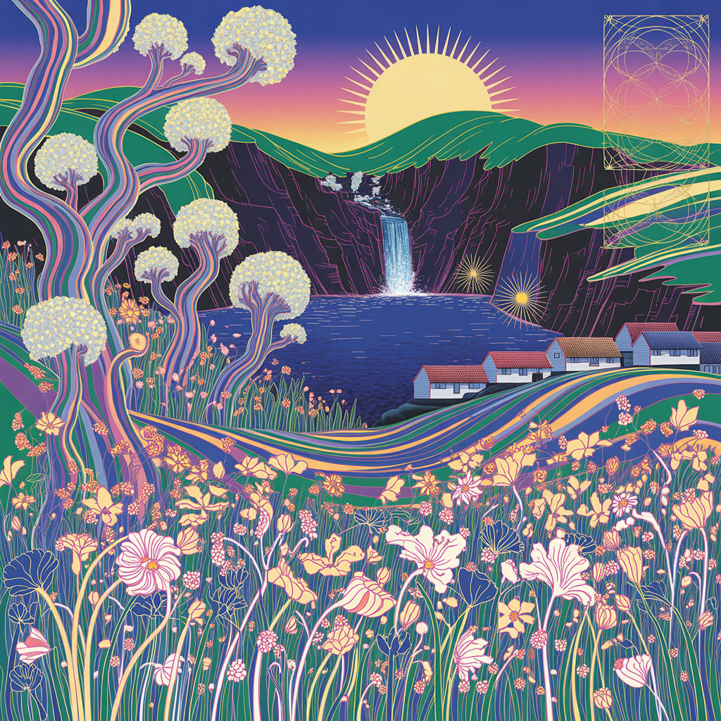 Vibrant Landscape with Lake and Colorful Sunset