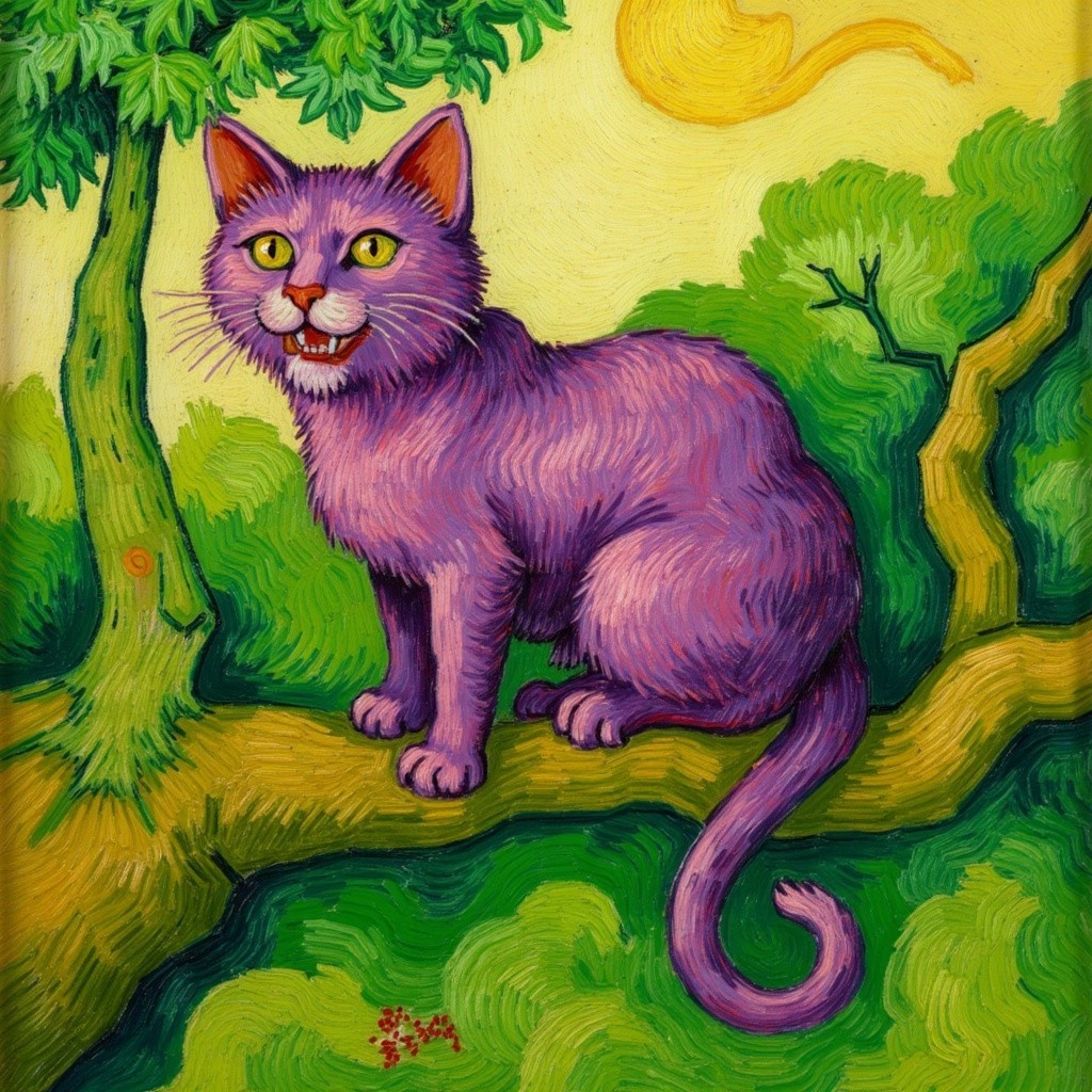 Whimsical Painting of a Purple Cat on a Branch