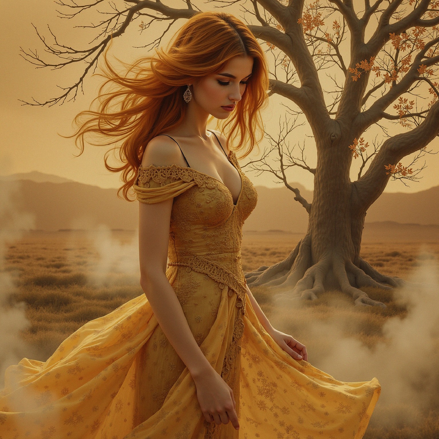 Young Woman in Yellow Gown in Misty Landscape