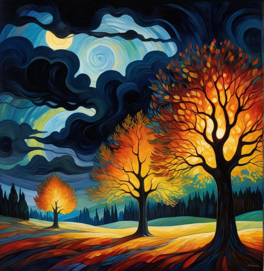 Vibrant Landscape with Luminous Trees and Night Sky