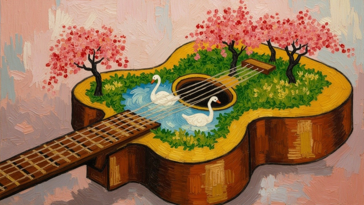 Artistic Guitar with Vibrant Landscape Design