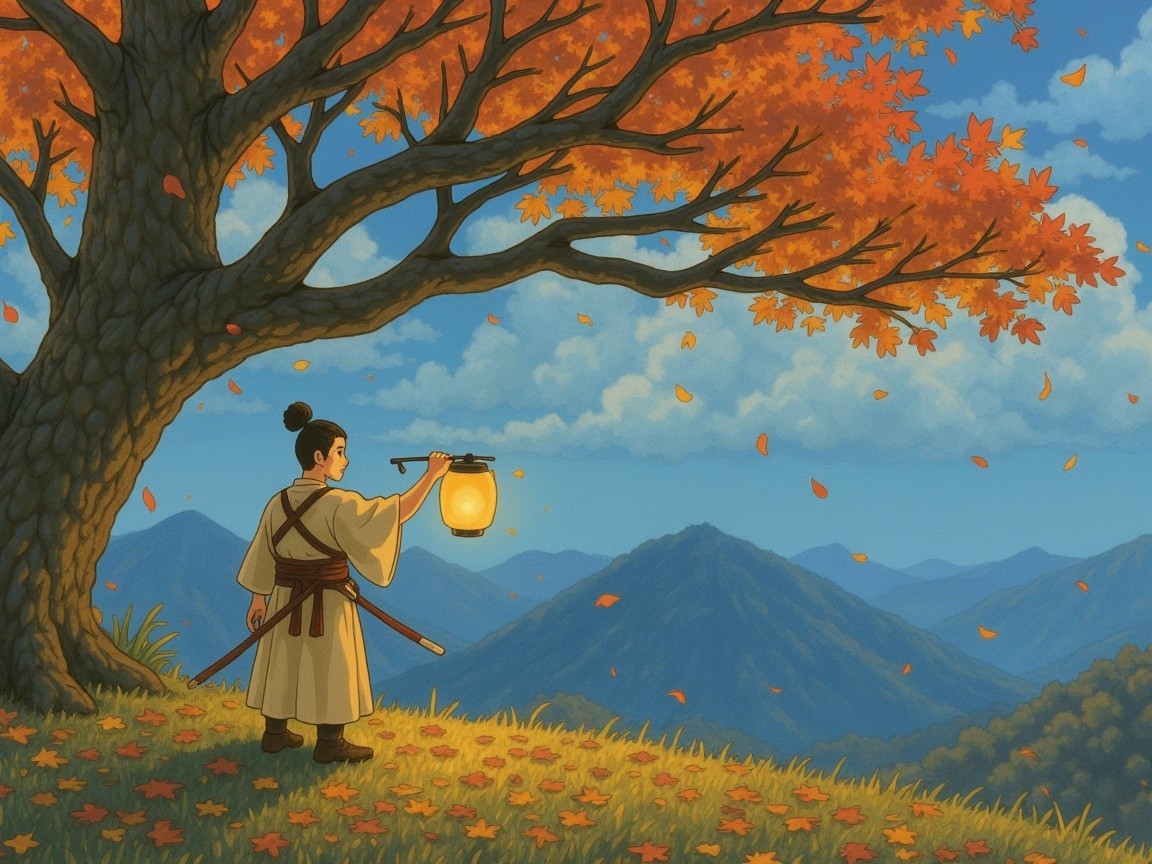 Serene landscape with a figure and a glowing lantern