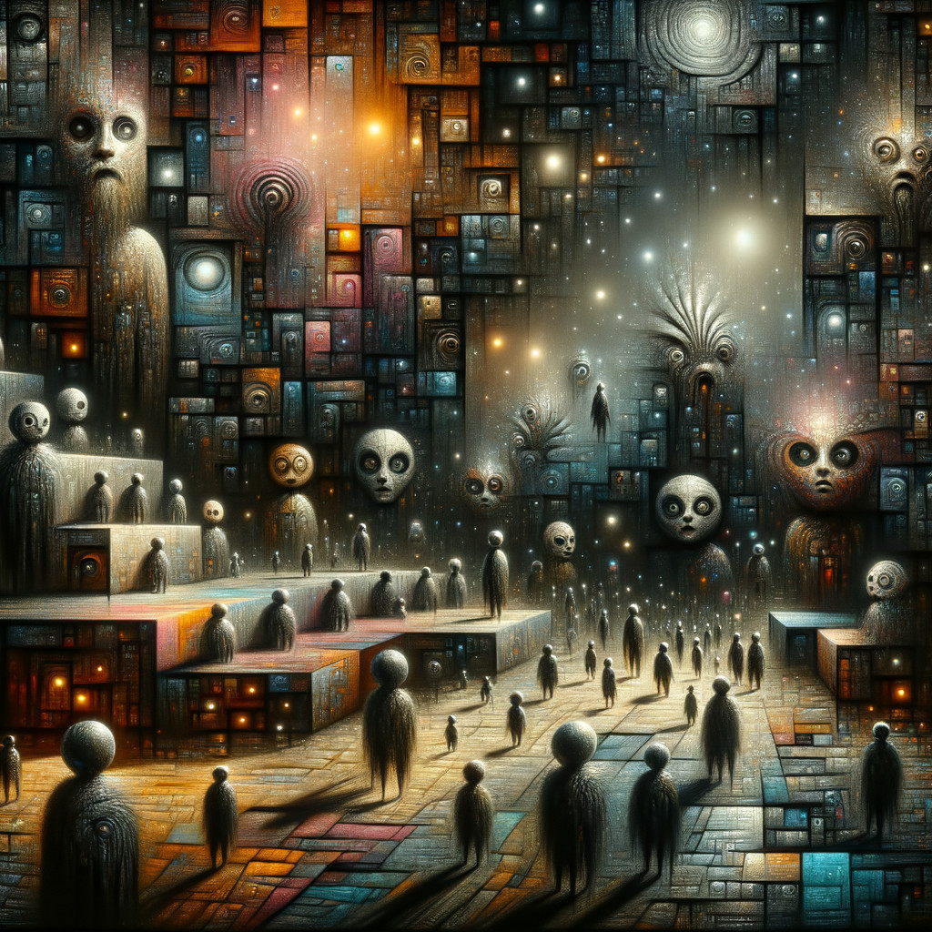 Surreal Landscape with Abstract Figures and Patterns