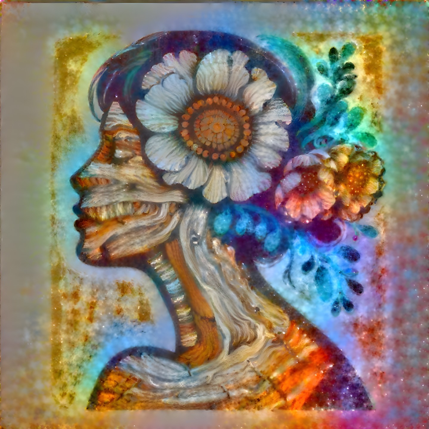 Stylized profile of a woman with floral elements