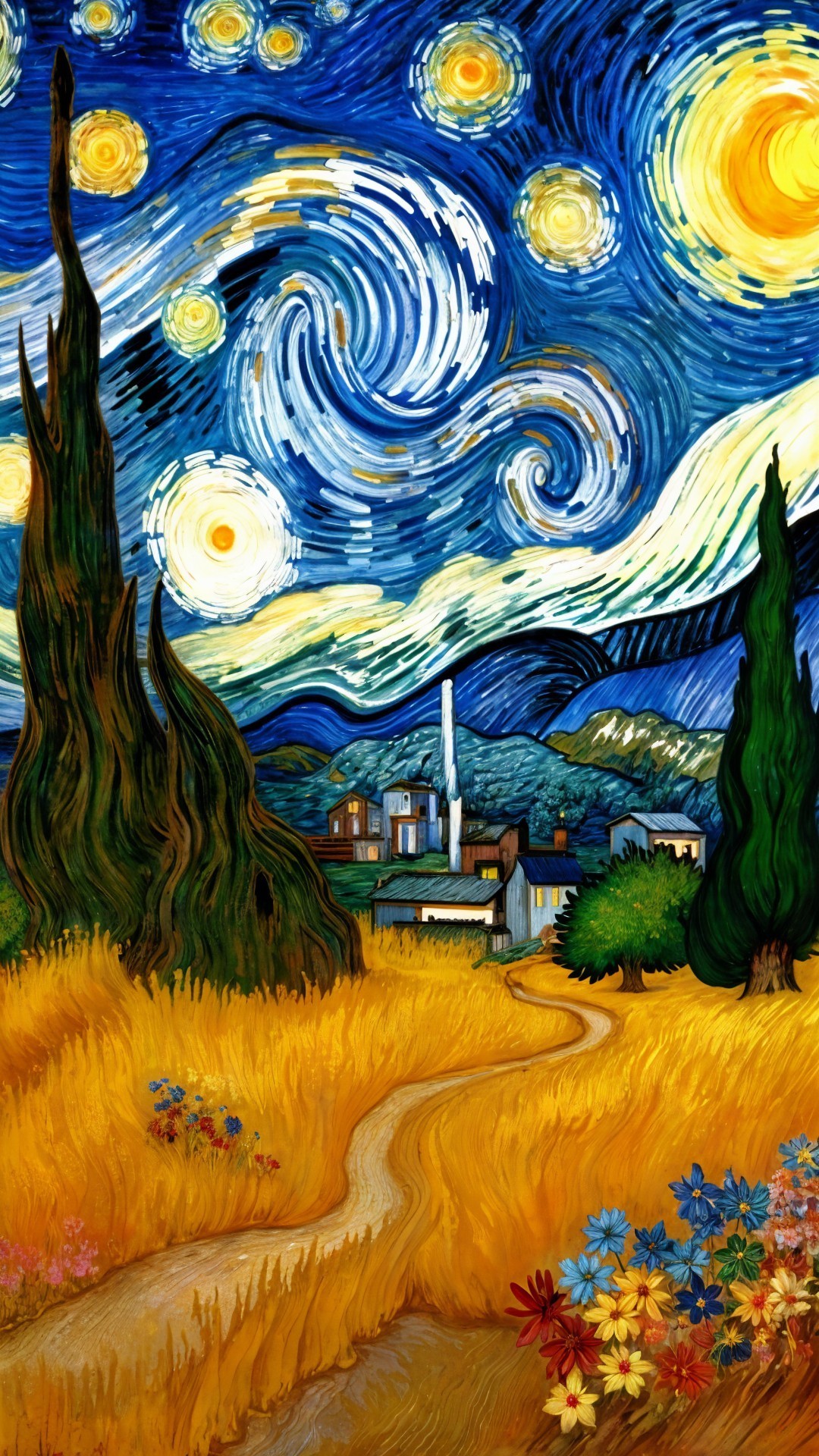 Vibrant Night Sky with Winding Path and Village Scene