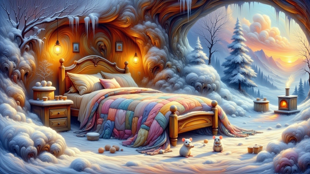 Cozy Winter Cave Scene with Quilt and Mice