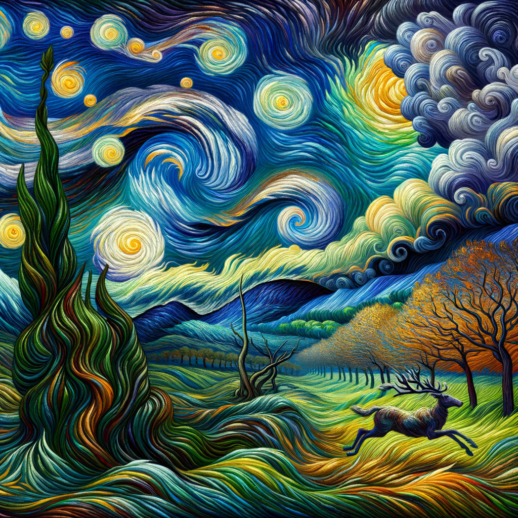Vibrant Swirling Landscape Depicting a Starry Night