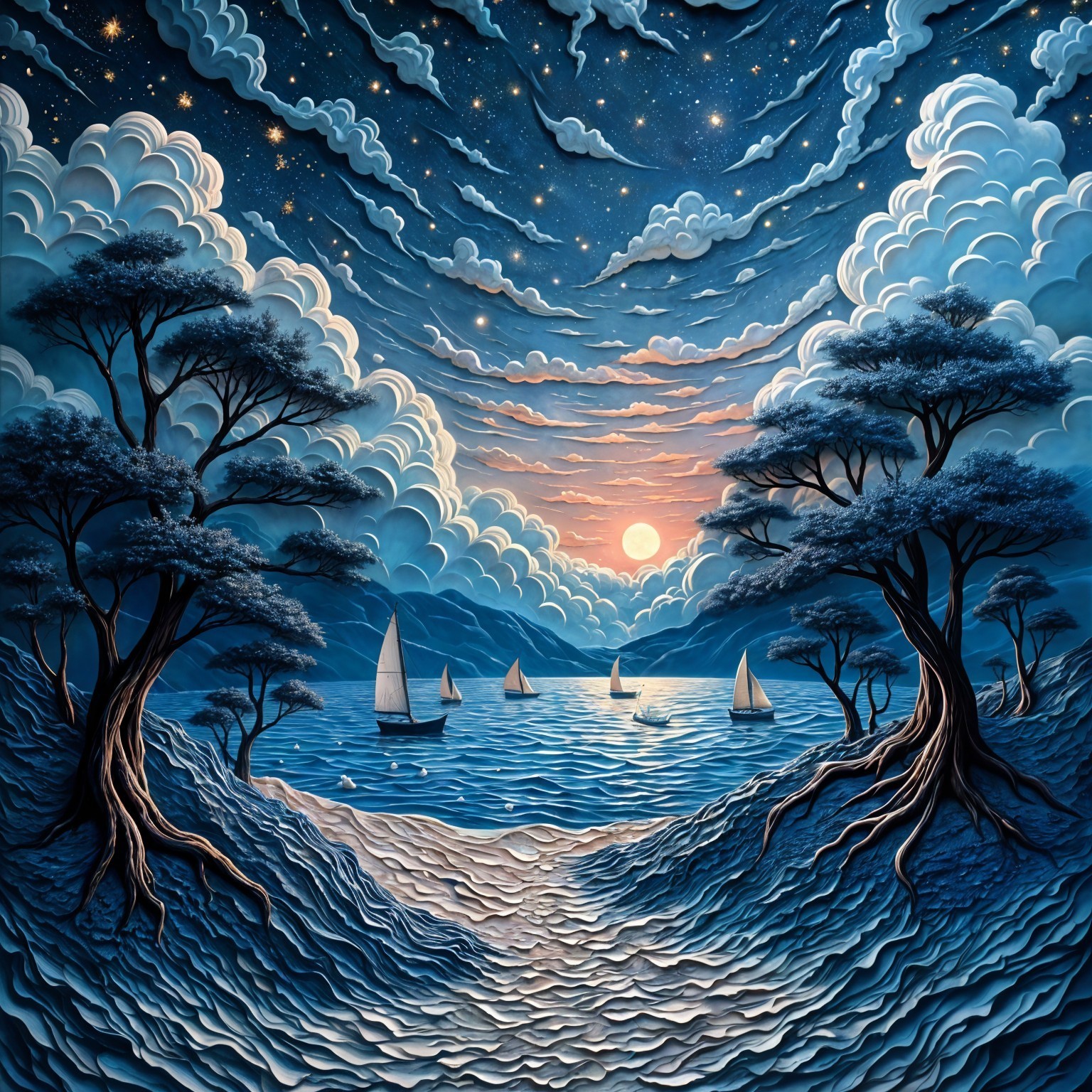 Serene Seascape with Waves and Silhouetted Boats