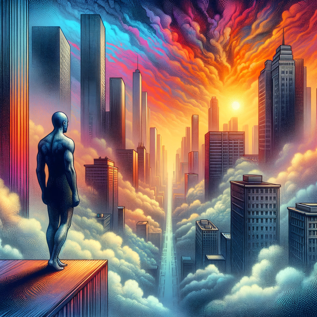 Solitary Figure Overlooks Cityscape at Sunset