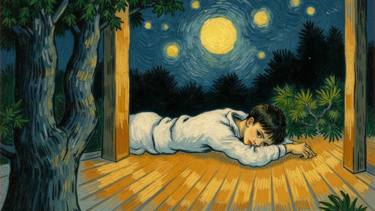 Young Boy Gazing at Starry Night from Wooden Floor