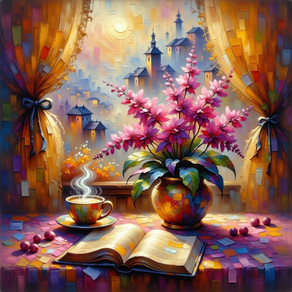 Cozy Scene with Pink Flowers and Open Book