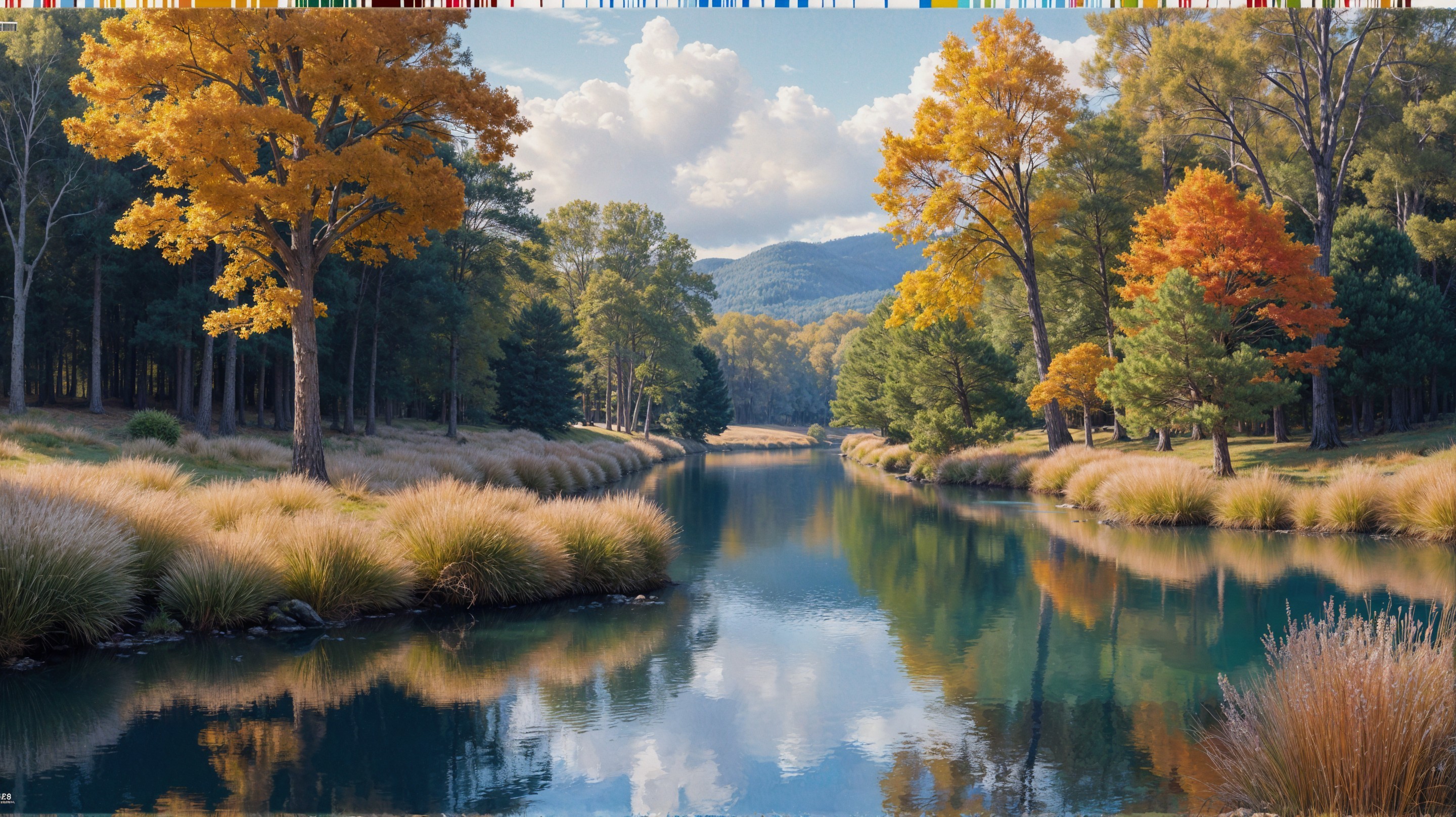 Serene River Landscape with Autumn Foliage and Sky