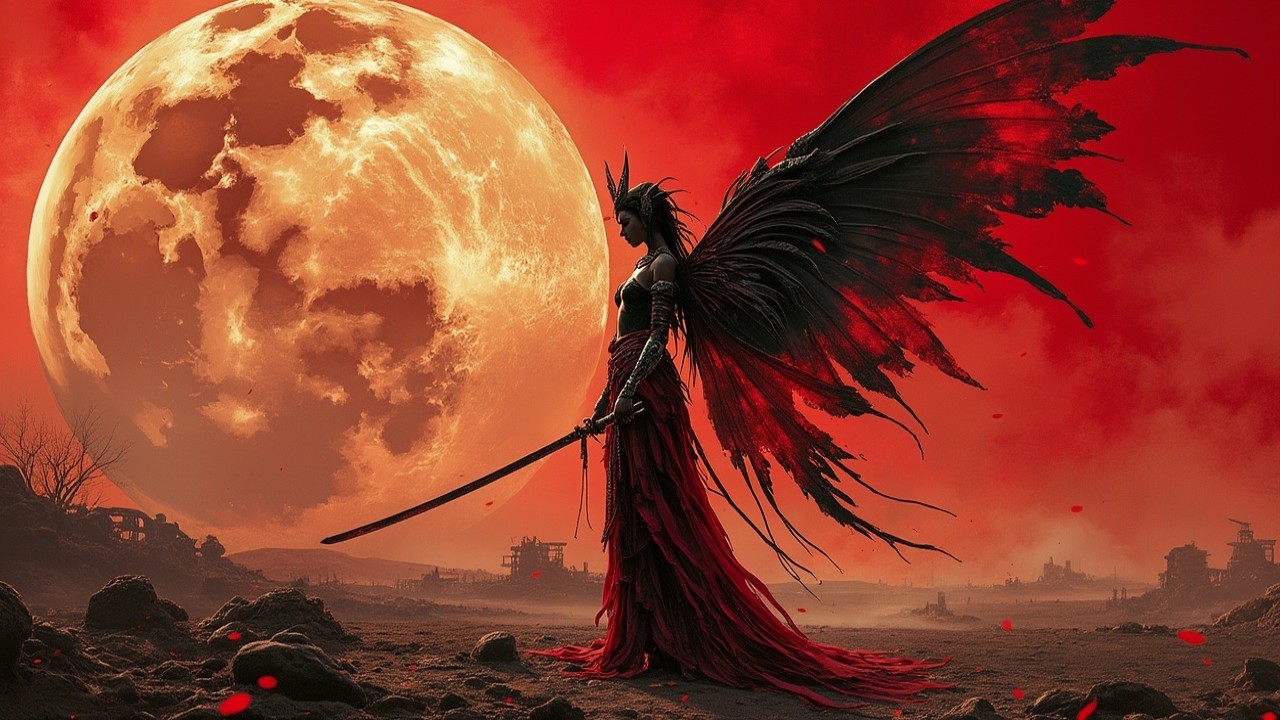 Dark Figure with Wings in Red Landscape and Full Moon