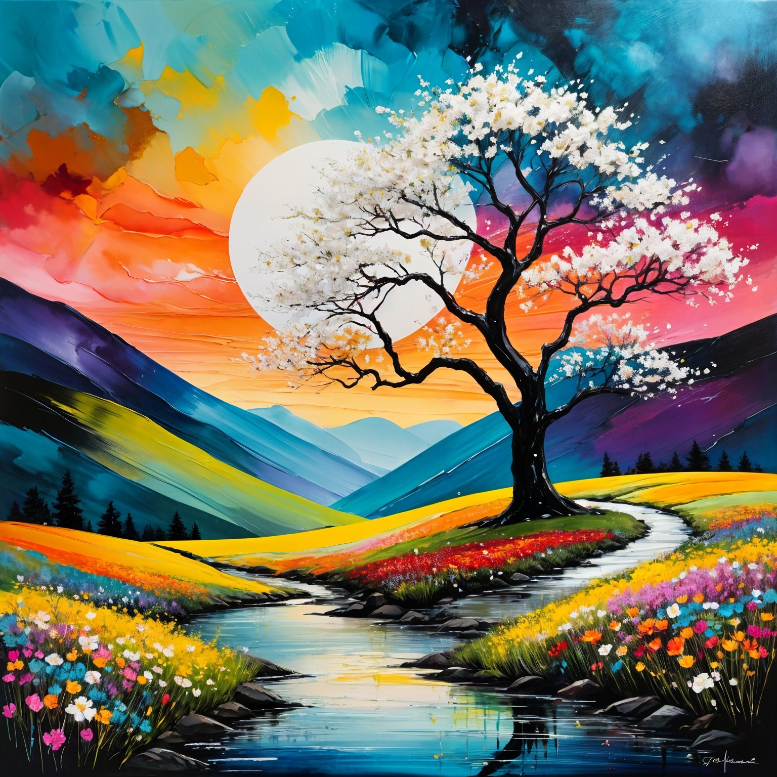 Vibrant Landscape with Flowering Tree and Stream