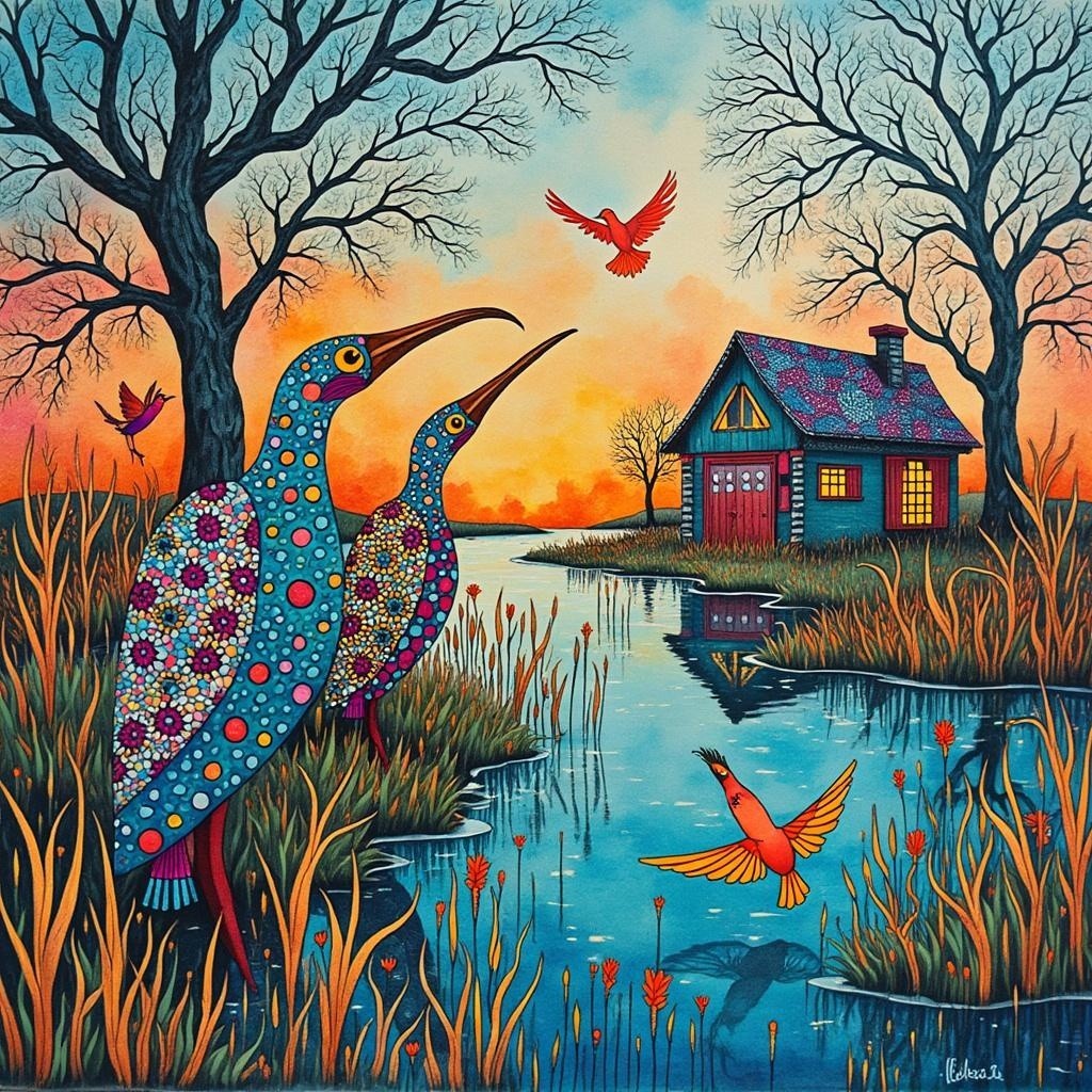 Whimsical Landscape with Colorful Birds and Cozy House