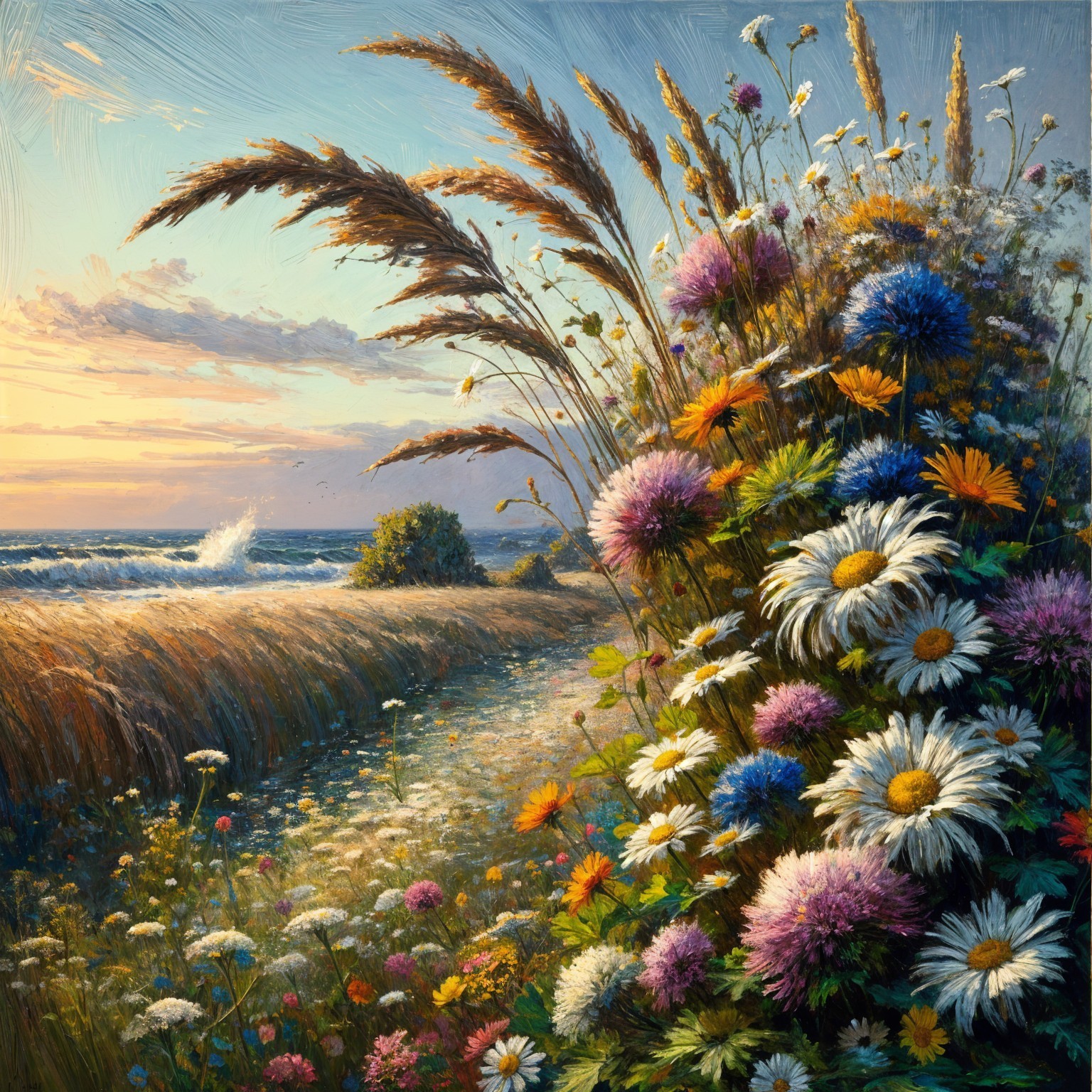 Vibrant Sunset Landscape with Colorful Wildflowers