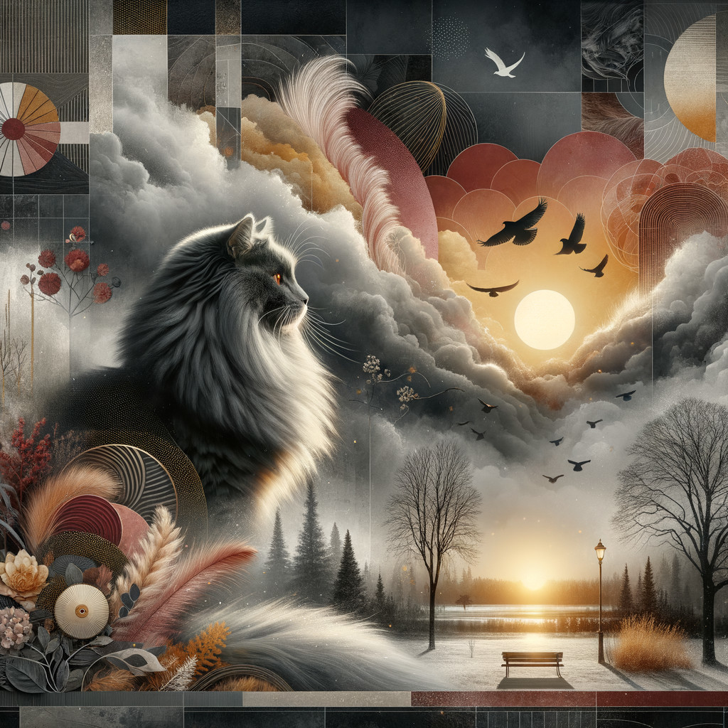Serene Fantasy Landscape with Majestic Cat and Sunset