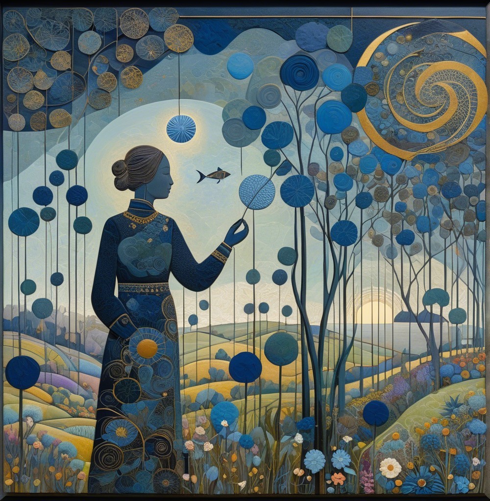 Serene Woman in Blue Landscape with Whimsical Elements