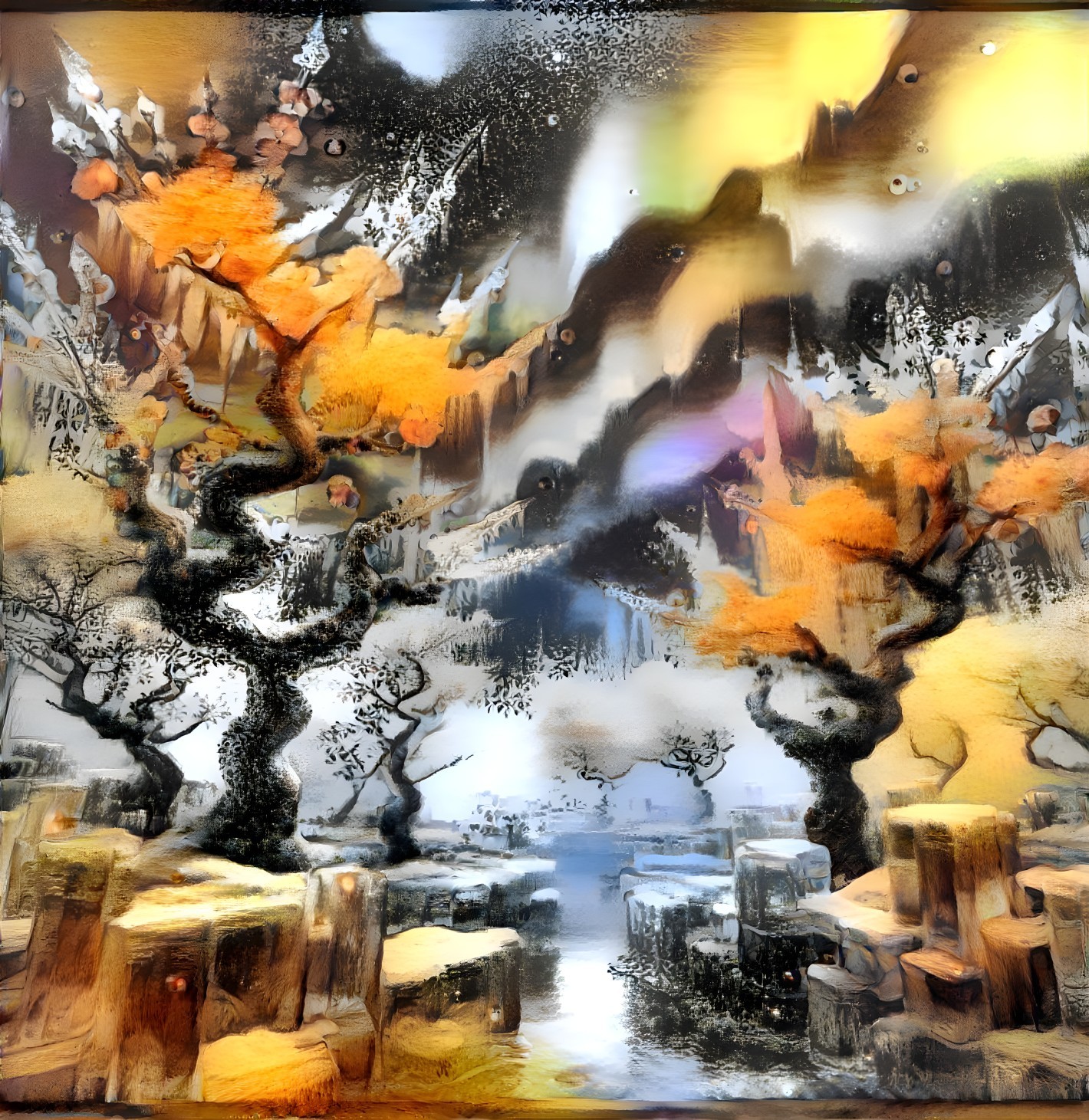 Surreal Landscape with Twisted Trees and Ice Formations