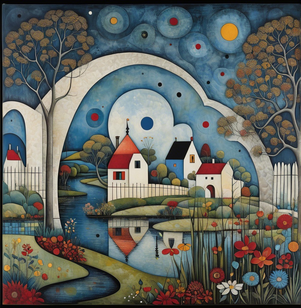 Whimsical Landscape with Colorful Houses and Pond