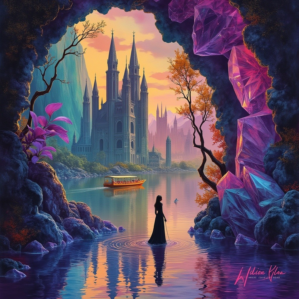 Majestic castle in serene landscape at sunset