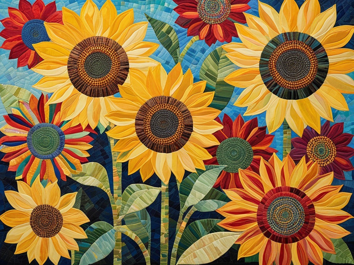 Vibrant quilt design with sunflowers and colorful flowers