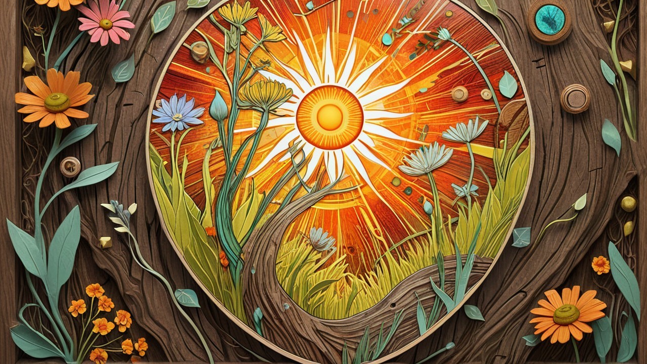 Vibrant Sunburst Scene with Colorful Flowers and Vines