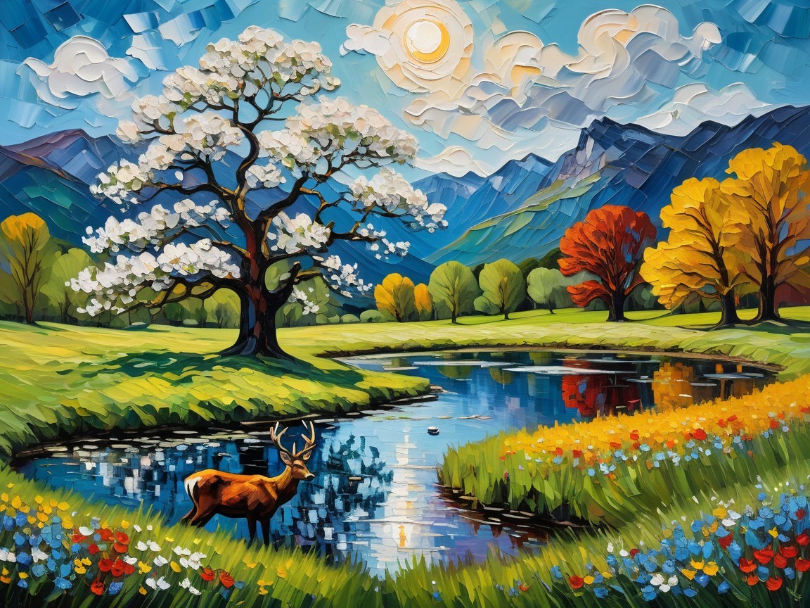 Vibrant Landscape with Tree, River, and Deer