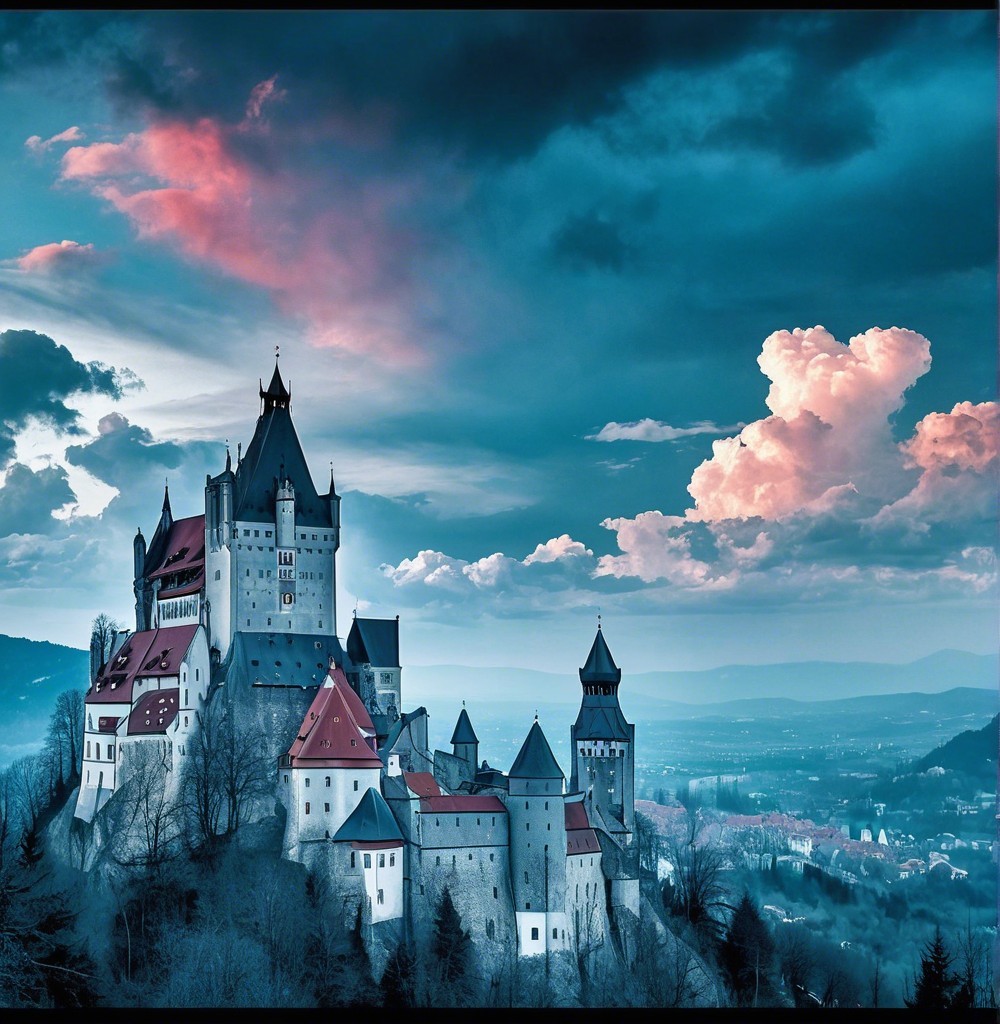 Majestic castle on a hillside with dramatic sky