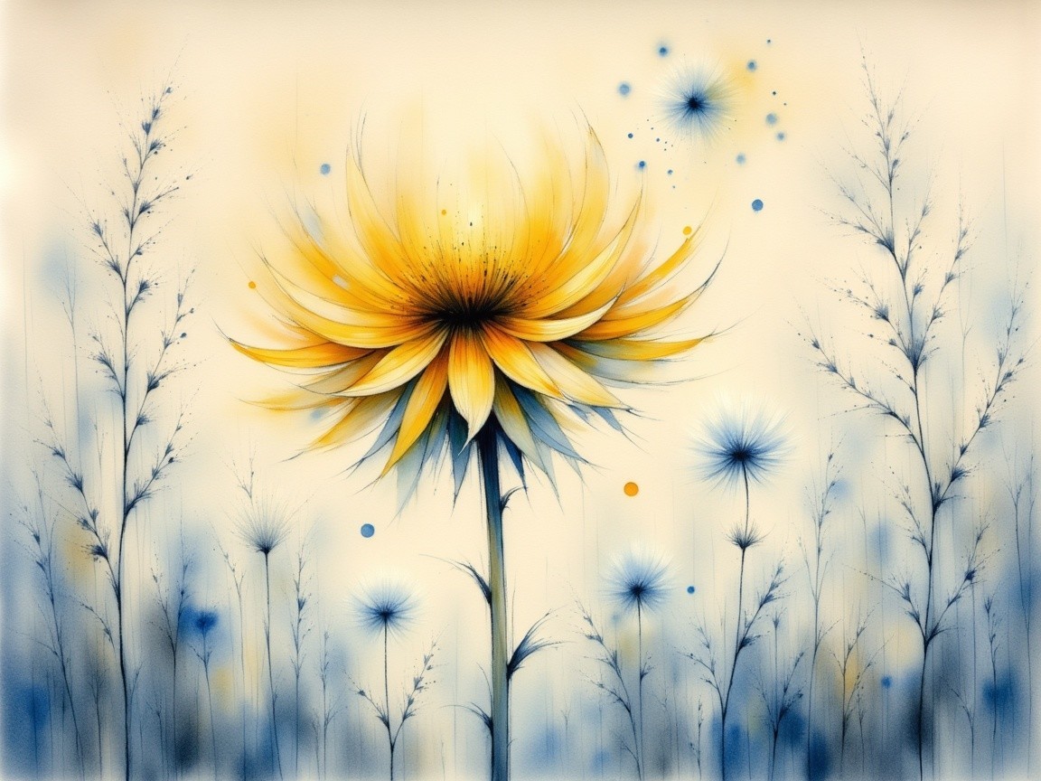 Vibrant Abstract Yellow Flower with Blue Plants