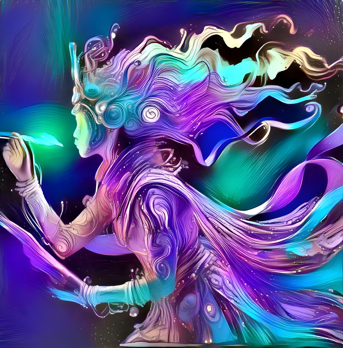 Colorful Figure with Ethereal Hair in Cosmic Scene