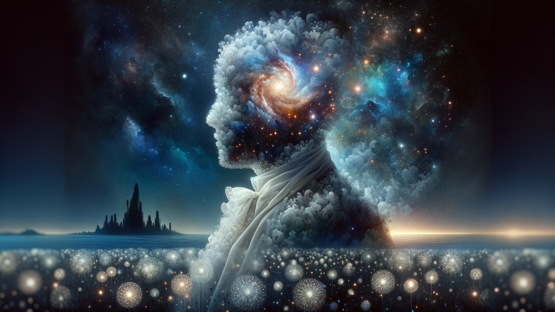 Cosmic Silhouette with Galaxy and Serene Landscape