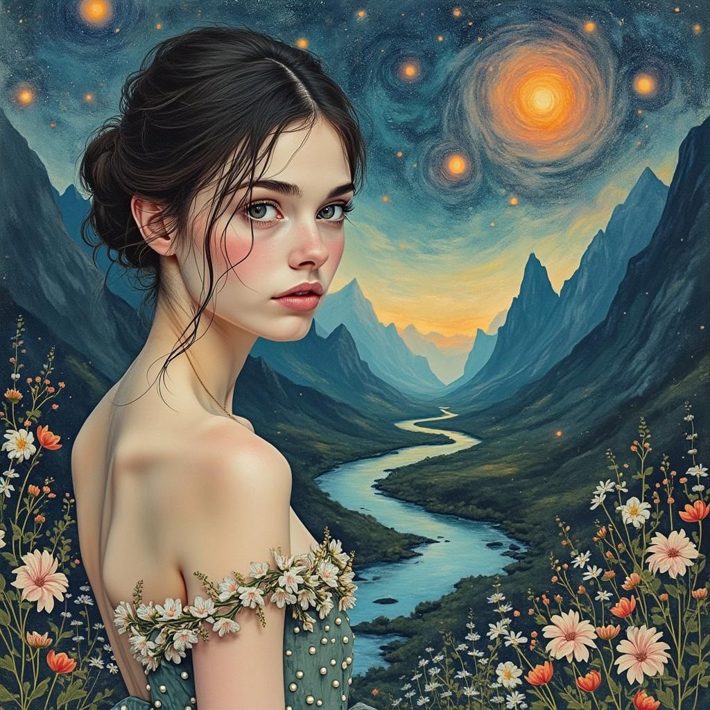 Young woman in floral gown in a fantasy landscape