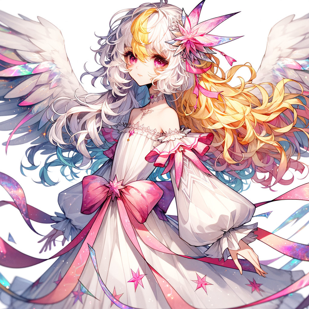 Fantastical character with colorful hair and wings