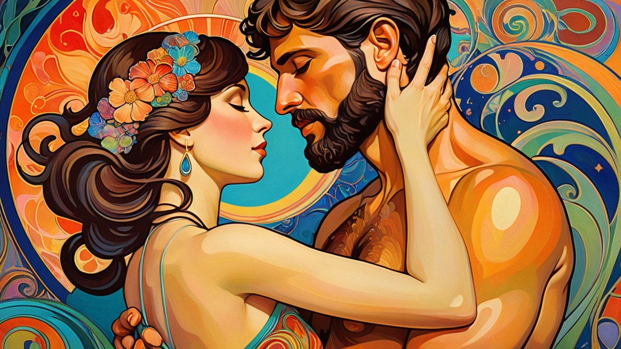 Couple Embracing in a Colorful Romantic Scene