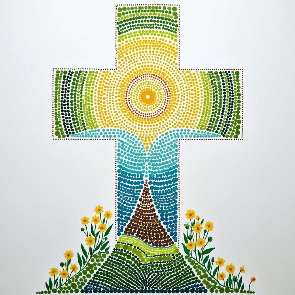 Vibrant Cross Design with Dot Patterns and Nature Elements