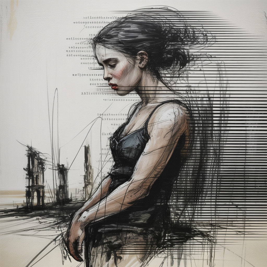 Somber Woman in Thought with Abstract Background Elements