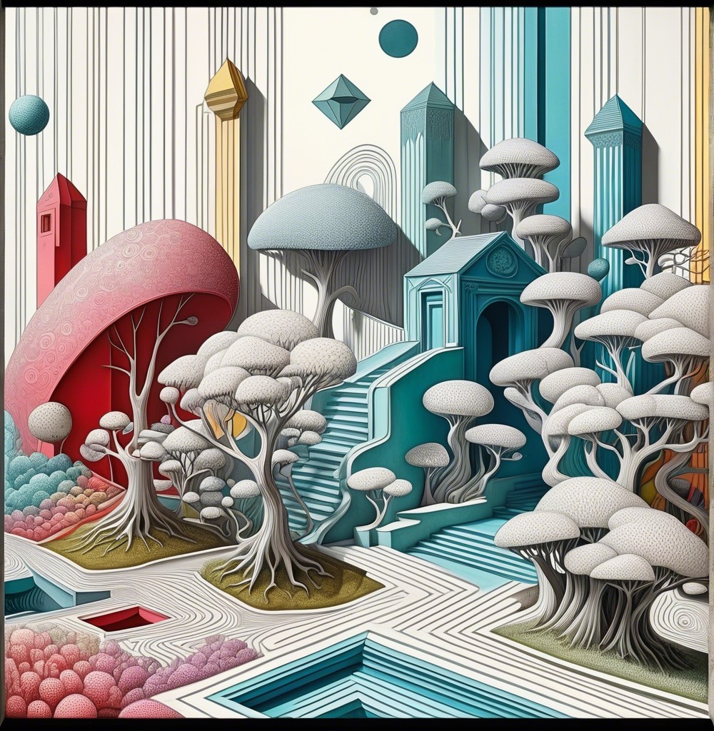 Whimsical Landscape with Stylized Trees and Geometric Forms