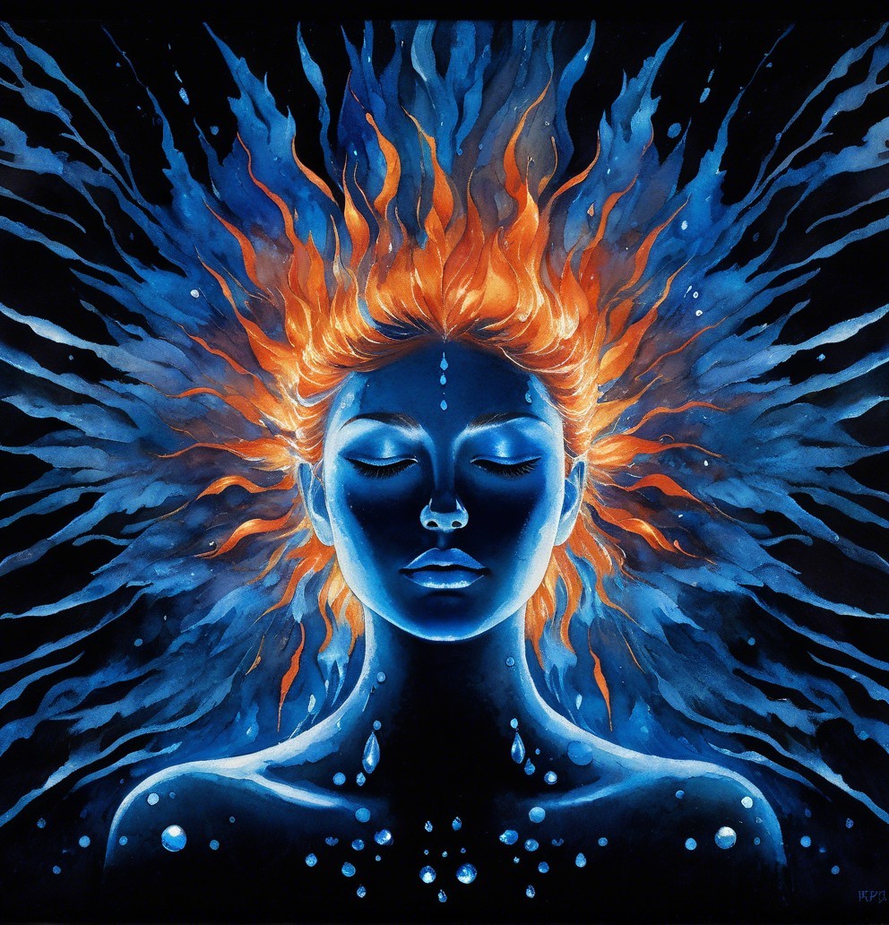 Portrait of a Serene Figure with Fiery Hair and Water Droplets