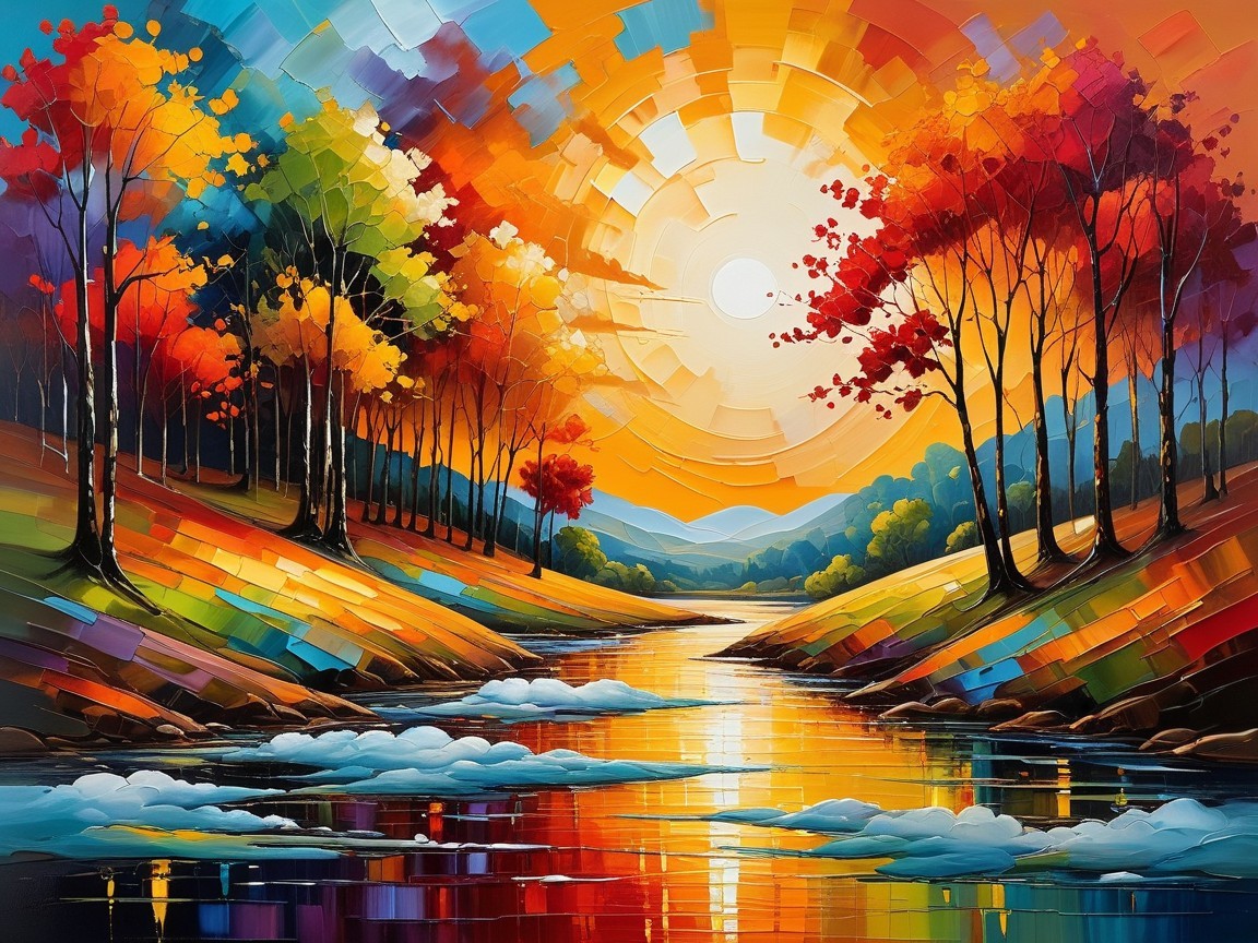 Autumn River Landscape with Colorful Trees and Sky
